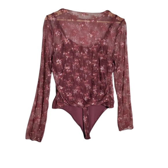 Madden Nyc Tops - Madden NYC Womens Floral Lace Long Sleeve Bodysuit Merlot NT674A89D Large